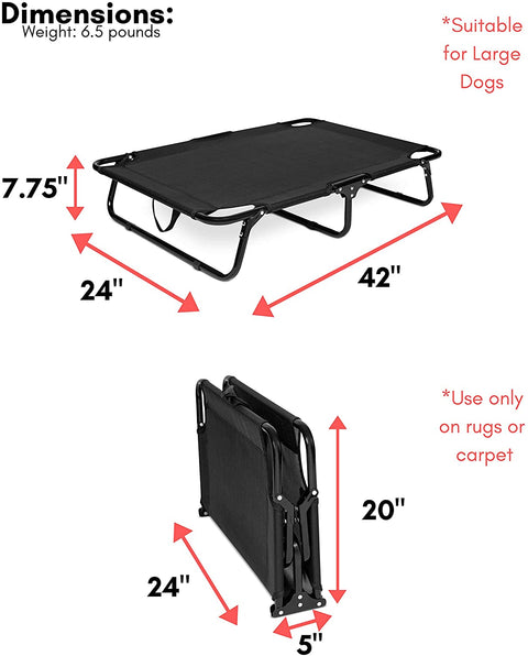 Dog resting on black elevated mesh cot
Foldable raised pet bed for outdoor travel
Side view of elevated dog cot with mesh
Cat lying on raised portable pet bed
Folded compact dog bed for easy storage