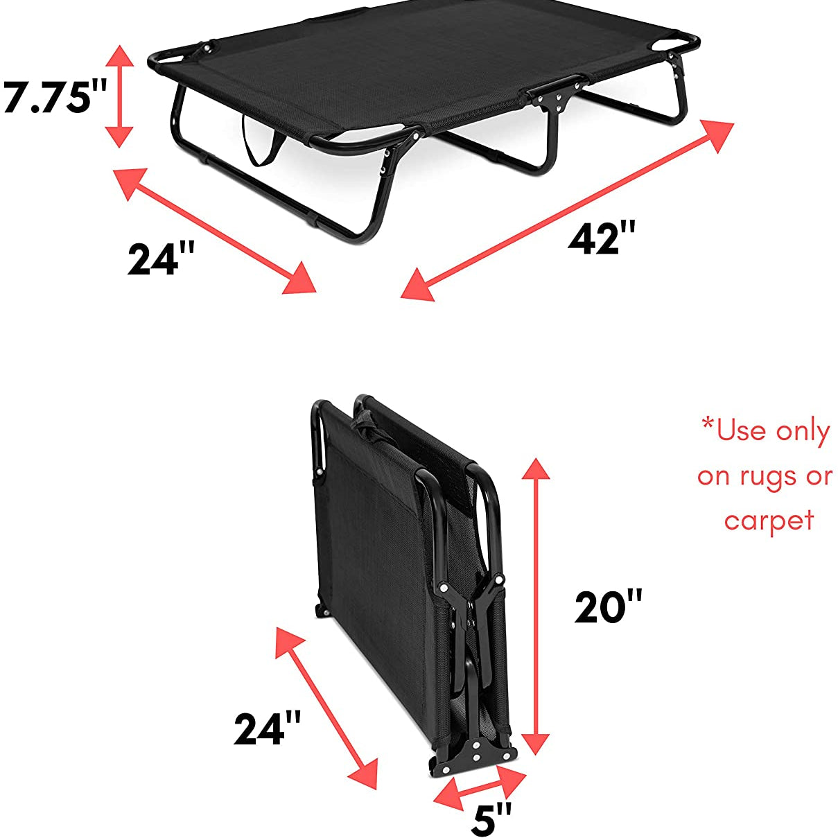 Dog resting on black elevated mesh cot
Foldable raised pet bed for outdoor travel
Side view of elevated dog cot with mesh
Cat lying on raised portable pet bed
Folded compact dog bed for easy storage
