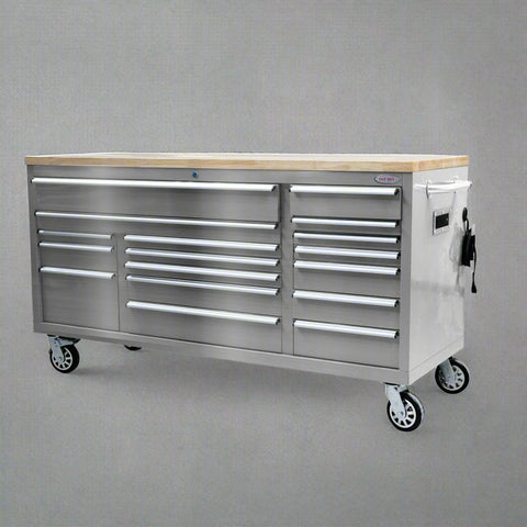 Fatboy 72" tool bench in JD Green finish with drawers closed
Open drawer view of Fatboy Xtra Wide Tool Box
Roller tool cabinet in stainless steel with heavy-duty casters
Fatboy workbench power bar and USB charging detail