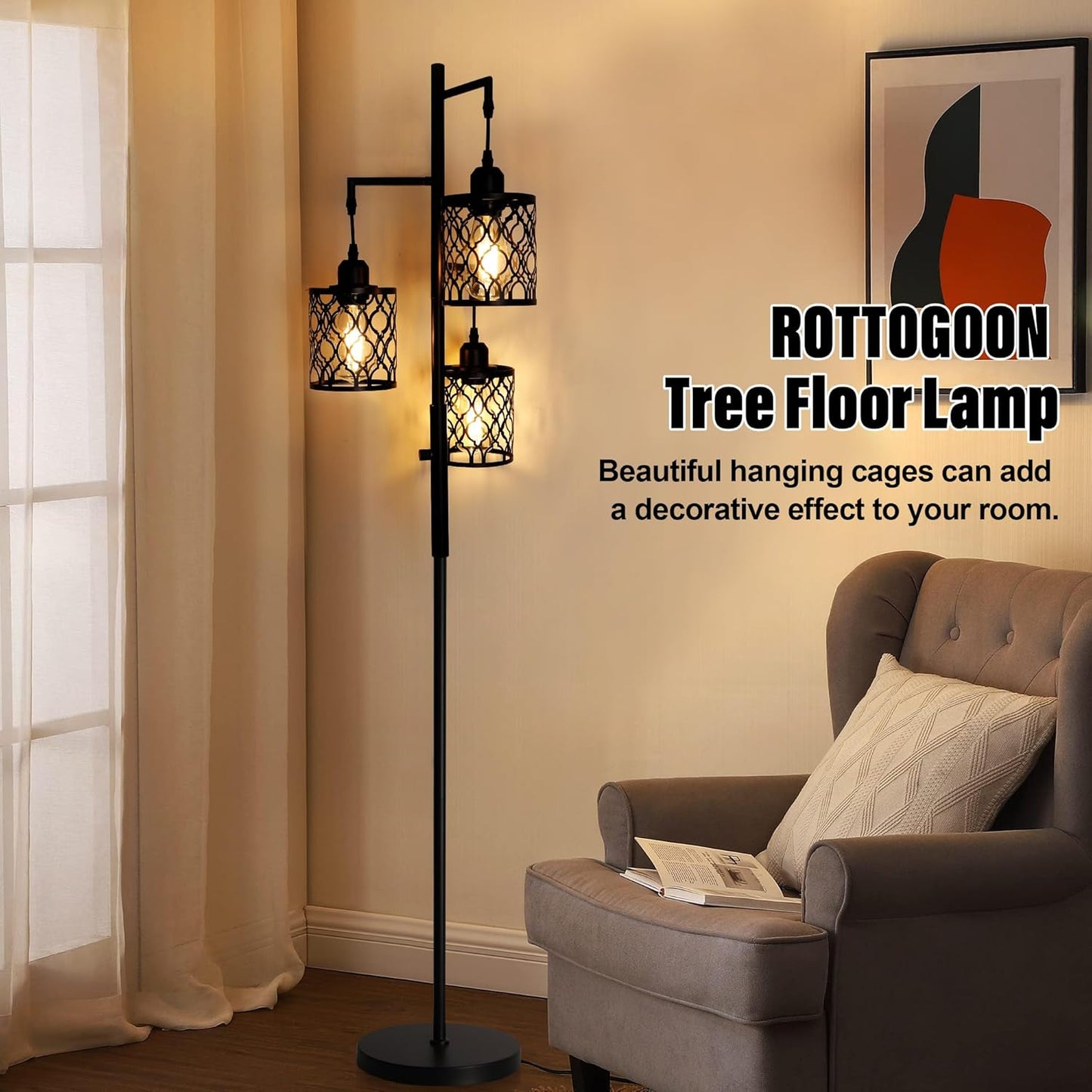 modern black 3-light LED floor lamp with mesh cage shades
dimmable industrial floor lamp with adjustable heads in living room
three-head stepless dimmable floor lamp for bedroom lighting
industrial style floor lamp with warm LED bulbs included