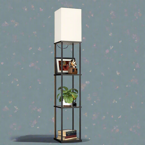 63 inch modern LED floor lamp with shelves and warm white light
black floor lamp with built-in shelves for bedroom or living room
LED lamp with 3 color temperature modes and storage shelves
touch control corner floor lamp with wood display shelves