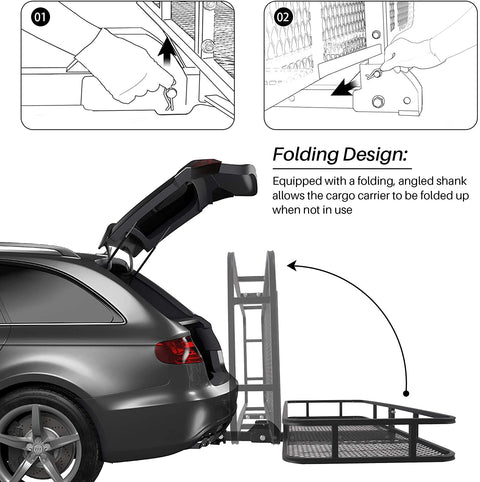 Folding hitch cargo basket mounted on SUV
Rear vehicle cargo basket with raised sides
Heavy-duty cargo carrier folded upright against vehicle