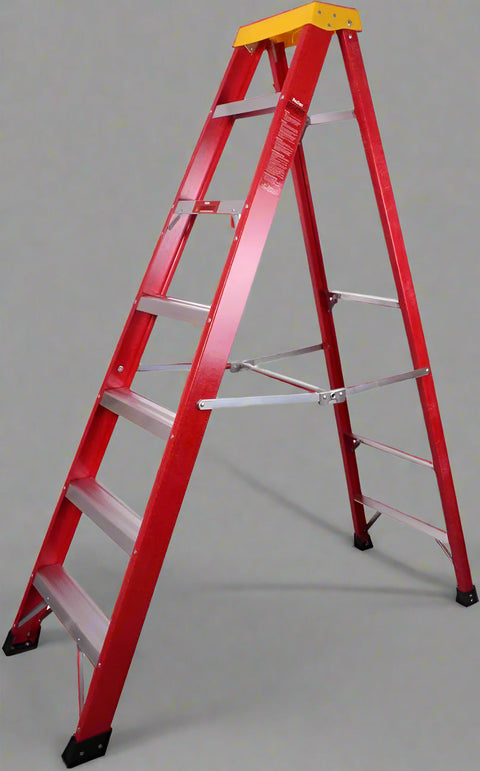 "8-step red fiberglass ladder for home and job site use"
"10-step heavy-duty non-conductive fiberglass ladder"
"Foldable safety step ladder with high load capacity"