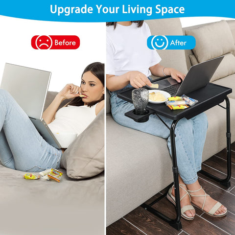 "Adjustable folding TV tray table with 3 tilt angles and cup holder for sofa or bed use – Model S3135"