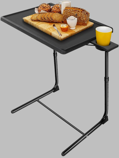"Adjustable folding TV tray table with 3 tilt angles and cup holder for sofa or bed use – Model S3135"
