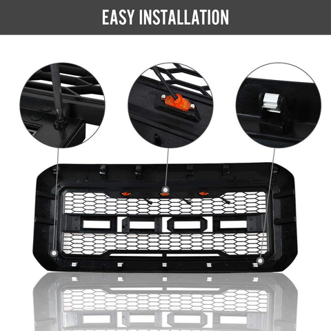 Main product view of matte black grille for Ford F-series
Close-up of grille mesh and LED lighting
Grille installed on F-250 front end
Unboxed grille showing hardware and wiring
Top view of grille showing LED connections
Front view comparison: before and after install
Off-road lighting activated at night