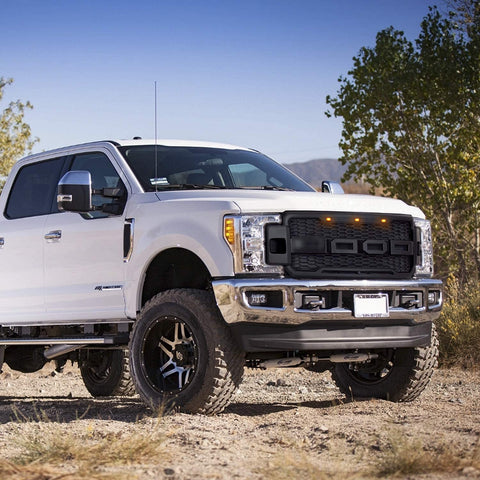 Installed front grille on F-250 (front view)
LED lights illuminated on grille
Full grille kit with components displayed
Side angle showcasing grille on truck
Top-down view of grille material and mesh
Before and after install comparison
Close-up of amber LED bar in grille