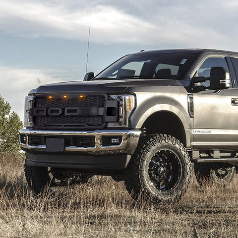 Installed front grille on F-250 (front view)
LED lights illuminated on grille
Full grille kit with components displayed
Side angle showcasing grille on truck
Top-down view of grille material and mesh
Before and after install comparison
Close-up of amber LED bar in grille
