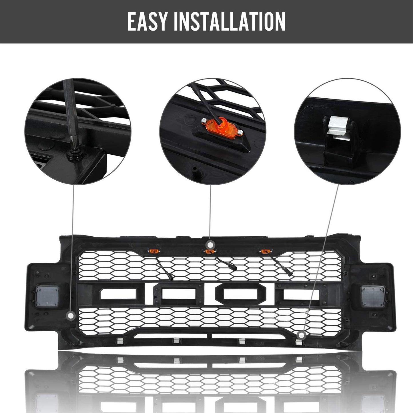 Installed front grille on F-250 (front view)
LED lights illuminated on grille
Full grille kit with components displayed
Side angle showcasing grille on truck
Top-down view of grille material and mesh
Before and after install comparison
Close-up of amber LED bar in grille