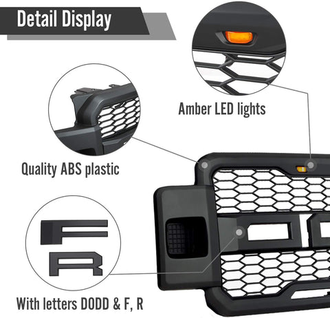 Installed front grille on F-250 (front view)
LED lights illuminated on grille
Full grille kit with components displayed
Side angle showcasing grille on truck
Top-down view of grille material and mesh
Before and after install comparison
Close-up of amber LED bar in grille
