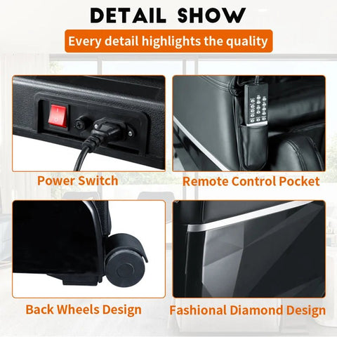 Black heated full-body massage chair with airbags and USB port
Close-up of foot rollers on EC55 massage chair
Airbag placement on full-body massage recliner
Side view of EC55 massage chair in living room