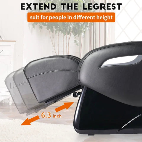 Black heated full-body massage chair with airbags and USB port
Close-up of foot rollers on EC55 massage chair
Airbag placement on full-body massage recliner
Side view of EC55 massage chair in living room