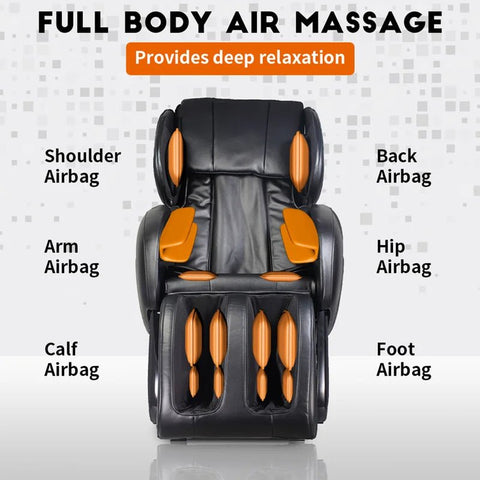 Black heated full-body massage chair with airbags and USB port
Close-up of foot rollers on EC55 massage chair
Airbag placement on full-body massage recliner
Side view of EC55 massage chair in living room