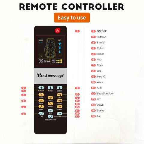 Black heated full-body massage chair with airbags and USB port
Close-up of foot rollers on EC55 massage chair
Airbag placement on full-body massage recliner
Side view of EC55 massage chair in living room