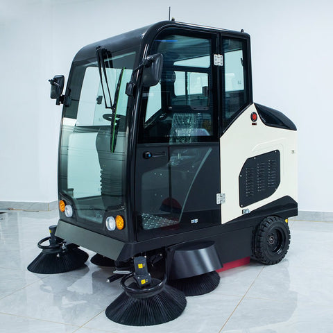 Fully enclosed ride-on industrial floor sweeper in green
Electric road sweeper with 200L tank and enclosed cabin
Commercial cleaning machine for streets and factories
High-capacity ride-on floor sweeper with water tank