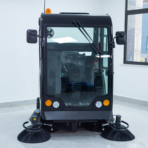 Fully enclosed ride-on industrial floor sweeper in green
Electric road sweeper with 200L tank and enclosed cabin
Commercial cleaning machine for streets and factories
High-capacity ride-on floor sweeper with water tank