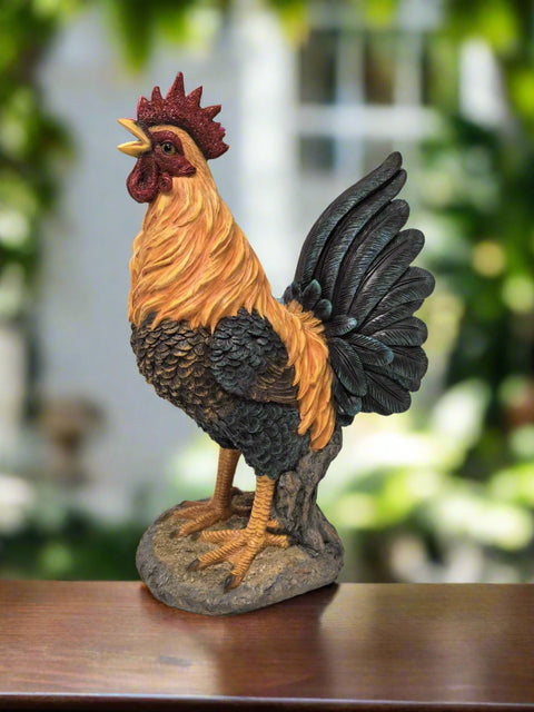 Side angle of UV-resistant resin rooster statue for outdoor décor