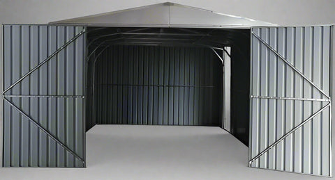 “11x19 FT metal garage shed in cream with sloped roof and double doors”
“Interior view of spacious 11x19 FT steel garage shed”
“Dark gray metal outdoor storage building with wide door access”
“Large vehicle shed for tools, cars, or workshop use”
“Optional spare door kit for metal garden shed G1119DGK”