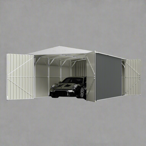 “11x19 FT metal garage shed in cream with sloped roof and double doors”
“Interior view of spacious 11x19 FT steel garage shed”
“Dark gray metal outdoor storage building with wide door access”
“Large vehicle shed for tools, cars, or workshop use”
“Optional spare door kit for metal garden shed G1119DGK”