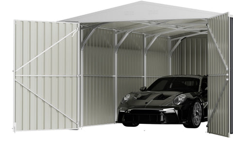 “11x19 FT metal garage shed in cream with sloped roof and double doors”
“Interior view of spacious 11x19 FT steel garage shed”
“Dark gray metal outdoor storage building with wide door access”
“Large vehicle shed for tools, cars, or workshop use”
“Optional spare door kit for metal garden shed G1119DGK”
