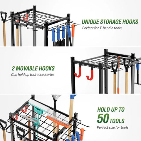 35-slot garden tool organizer rack with rakes and shovels
Heavy-duty garage tool stand with adjustable slots
Compact metal yard tool storage for garages and sheds