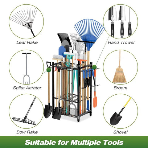 35-slot garden tool organizer rack with rakes and shovels
Heavy-duty garage tool stand with adjustable slots
Compact metal yard tool storage for garages and sheds