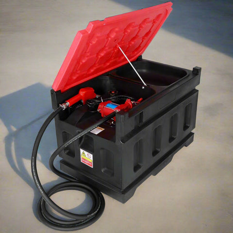 180L Portable Fuel Transfer Tank with Lid Open | Model YHM180G1
12V Diesel and Gasoline Fuel Pump System with Battery Cable
Side View of Compact Field Fuel Transfer Tank
Fuel Tank Hose and Nozzle Attachment Close-Up
