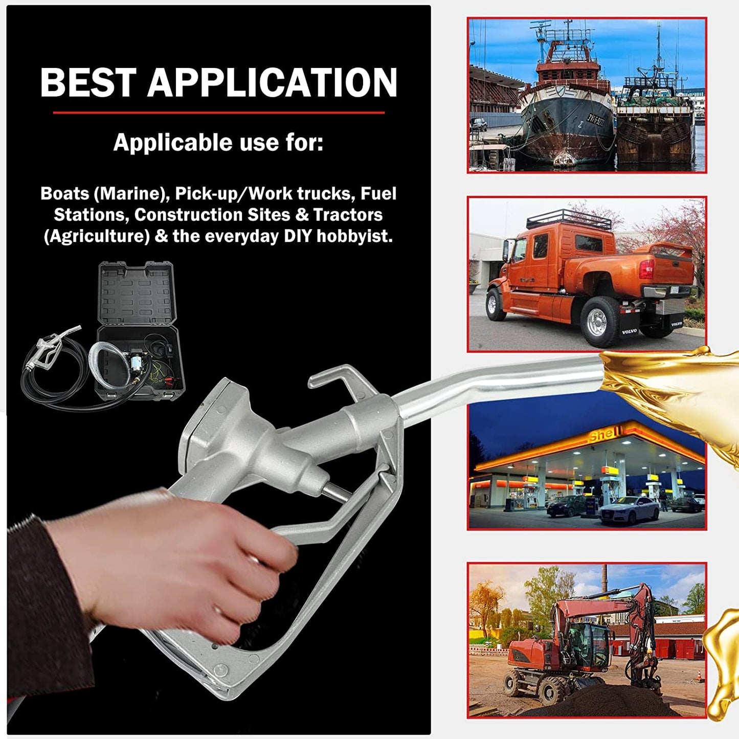 12V Fuel Transfer Pump Kit – Full Case View | Model S1180
Heavy-Duty Fuel Pump for Gas and Diesel – Components Displayed
Fuel Transfer Hose and Nozzle with Compact Pump Setup
Storage Box with Fuel Pump System for On-the-Go Use