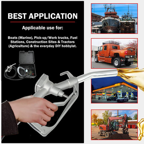 12V Fuel Transfer Pump Kit – Full Case View | Model S1180
Heavy-Duty Fuel Pump for Gas and Diesel – Components Displayed
Fuel Transfer Hose and Nozzle with Compact Pump Setup
Storage Box with Fuel Pump System for On-the-Go Use