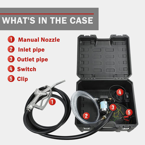 12V Fuel Transfer Pump Kit – Full Case View | Model S1180
Heavy-Duty Fuel Pump for Gas and Diesel – Components Displayed
Fuel Transfer Hose and Nozzle with Compact Pump Setup
Storage Box with Fuel Pump System for On-the-Go Use