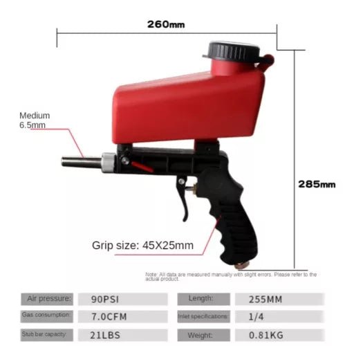 “Compact handheld mini sandblaster gun in red”
“Side view of sandblaster gun with ergonomic grip”
“Sandblaster nozzle kit included with S1118”