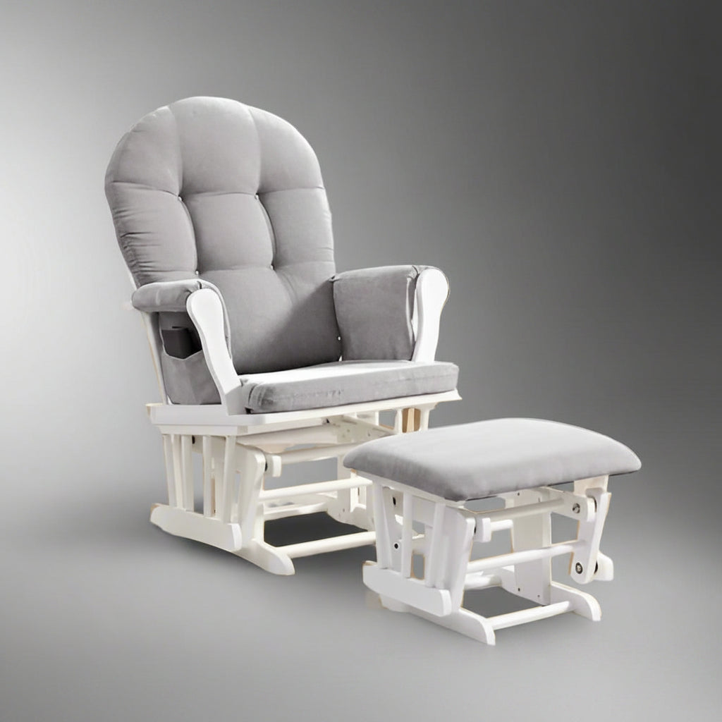 "Hardwood glider rocking chair with smooth motion and matching ottoman – nursery and living room chair set"