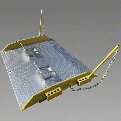 Heavy-duty steel loading dock ramp on warehouse floor
Industrial dock ramp with yellow safety rails
Forklift-ready steel dock board in use
Side view of 15,000 lb steel dock ramp
Loading dock ramp with chain attachment system