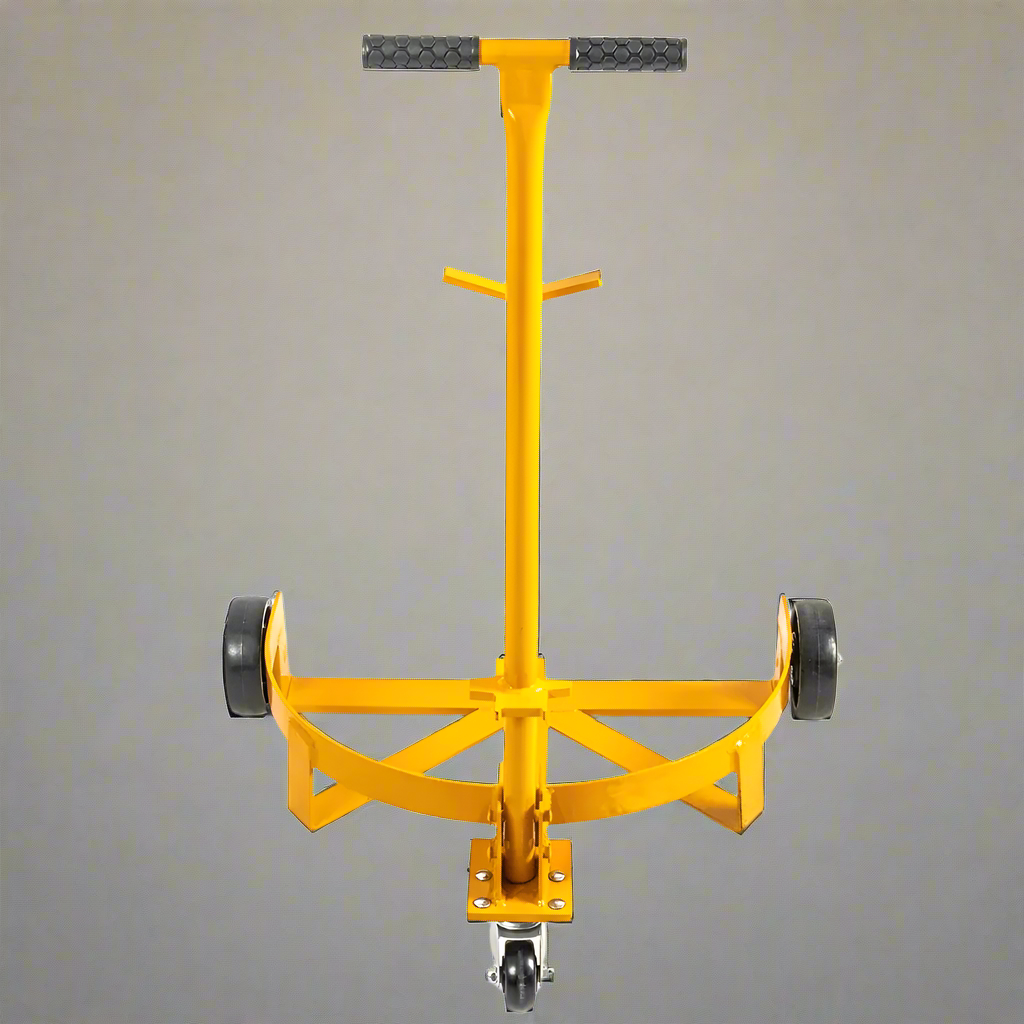 Heavy-duty drum dolly with T-handle and footboard
1100 lb steel frame dolly for 55-gallon drums
Yellow industrial drum trolley with caster wheels
Universal drum cart with solid foot support
Drum dolly with polyurethane wheels for smooth mobility