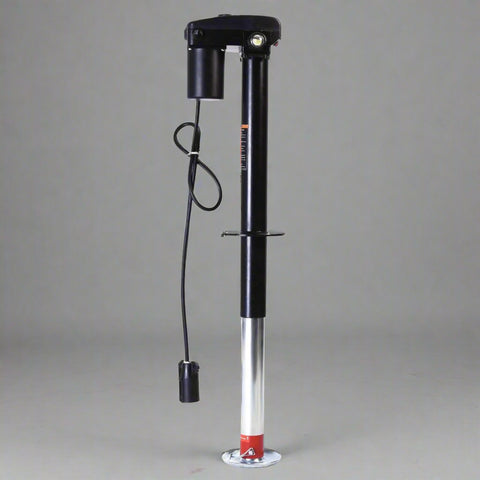 3500 lb 12V electric trailer tongue jack black finish
Heavy-duty RV jack with LED light and backup crank
Side view of 3-point hitch power tongue jack
Electric jack for camper trailer RV hitch mount