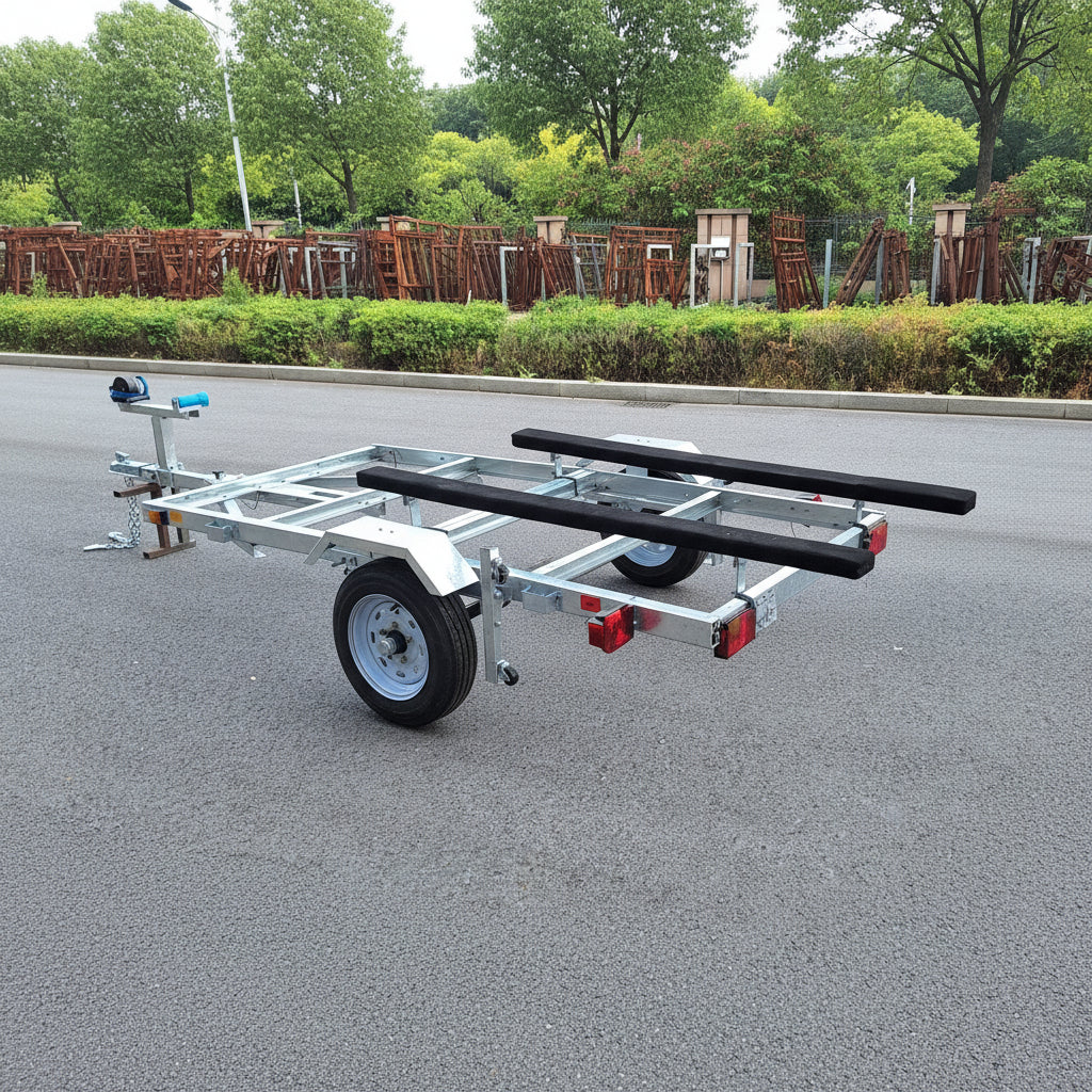Heavy-duty galvanized 4x8 folding utility trailer with checker plate deck and road-ready tires