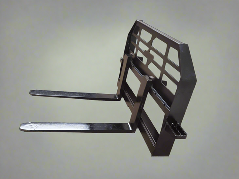 Heavy-duty skid steer pallet forks lifting a load
CNC carriage bar with quick attach mounting
Close-up of forks locked in carriage slots
Side step feature on fork frame
Variants of 48", 60", 72", and 96" forks shown on pallet