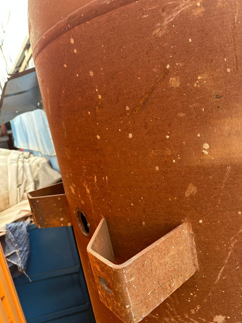 “7.5 ft tall steel garbage incinerator with vent stack”
“Industrial burn drum with hinged loading door”
“outdoor incinerator barrel for yard waste and brush”
“heavy-duty steel burn barrel for farm or construction”
“pre-weathered rust-patina waste disposal drum”