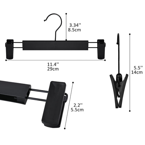 10-pack heavy-duty black clip hangers for pants and skirts
Non-slip vinyl clip steel hangers with swivel hooks
Durable trouser hangers space-saving design black color