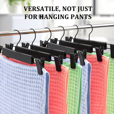 10-pack heavy-duty black clip hangers for pants and skirts
Non-slip vinyl clip steel hangers with swivel hooks
Durable trouser hangers space-saving design black color