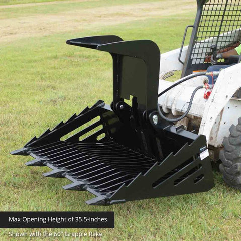 Skeleton grapple bucket with dual hydraulic arms
72-inch rock bucket with fine grade tine spacing
Skid steer rock rake attachment for sorting debris
Side view of grapple arms open and closed