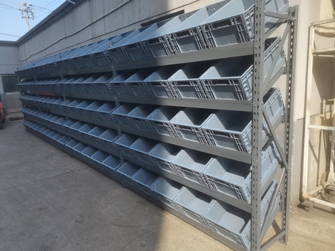 SR81050 heavy-duty steel storage rack with slanted shelves
Industrial warehouse rack system with 4 bays
Slanted shelving system for commercial equipment storage
Close-up view of steel rack frame and shelf detail
High capacity industrial racking with powder-coated finish