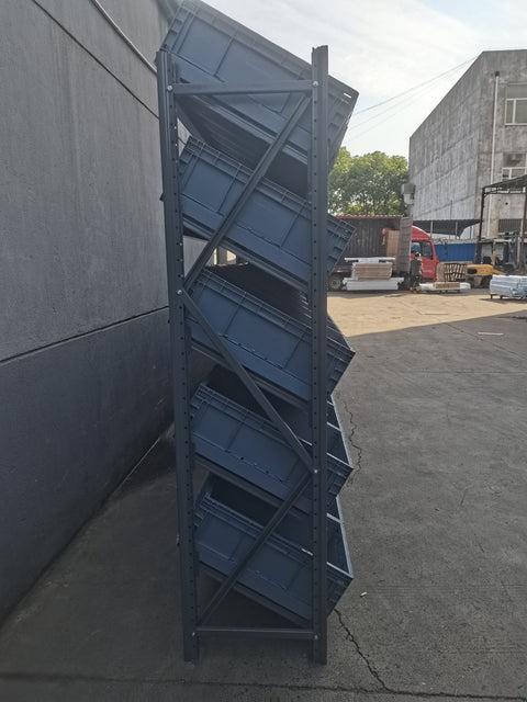 SR81050 heavy-duty steel storage rack with slanted shelves
Industrial warehouse rack system with 4 bays
Slanted shelving system for commercial equipment storage
Close-up view of steel rack frame and shelf detail
High capacity industrial racking with powder-coated finish