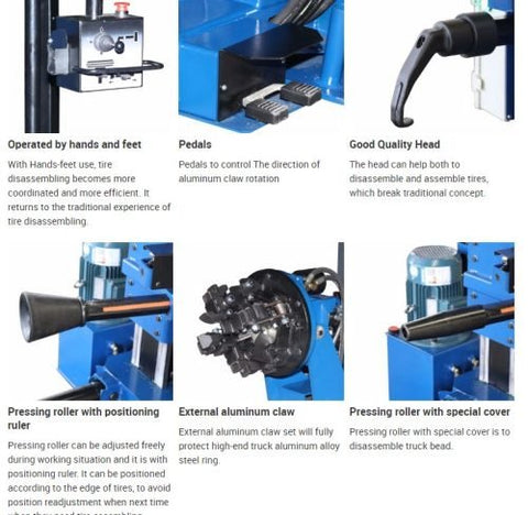 HCB930 vertical tire changer – full unit for semi truck wheels
Heavy-duty tire machine for bus and van wheels with hydraulic clamping
Red semi truck tire changer with control console and lifting arm – Model HCB930