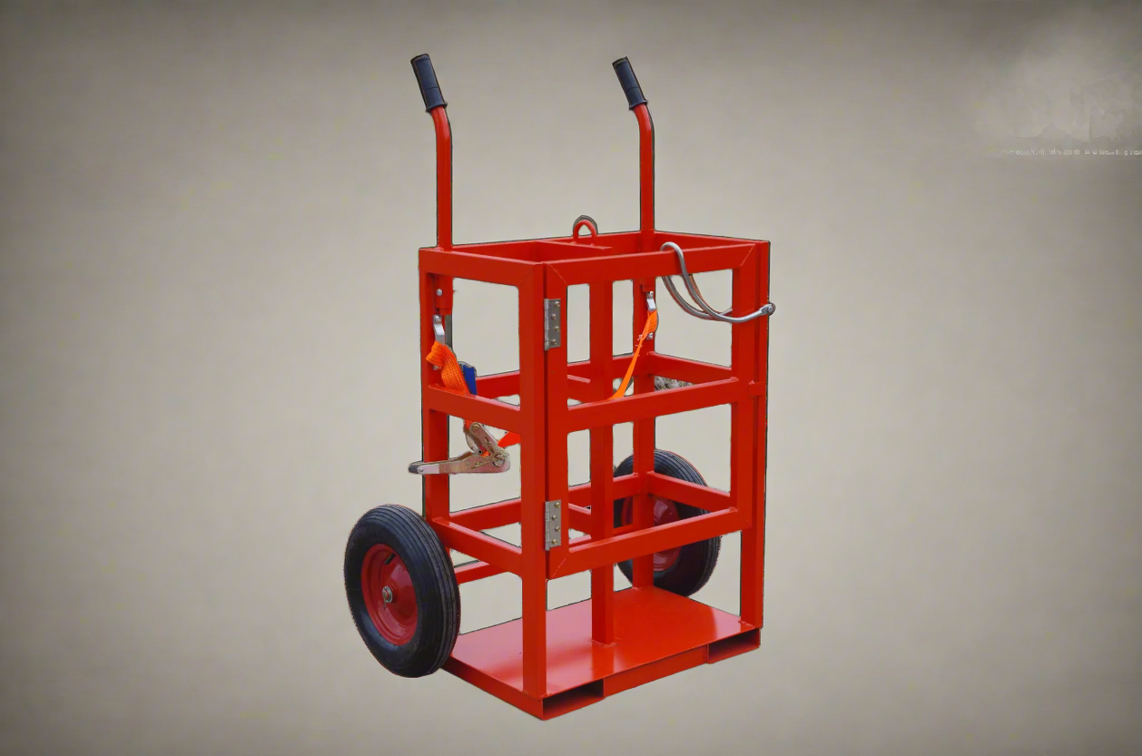 "Heavy-duty welding gas cylinder cart for oxygen and acetylene tanks"
"Dual tank red welding cart with hose storage and safety chains"
"Industrial gas cylinder trolley for safe cylinder transport"