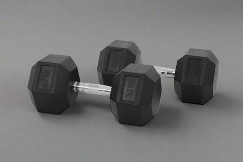 Rubber hex dumbbells set with chrome handle 5kg to 25kg
Hexagonal dumbbells for strength training home and gym
Anti-roll rubber dumbbell set black chrome grip
Home gym hex dumbbells lineup 5kg 10kg 15kg 20kg 25kg
Close-up ergonomic chrome handle on hex dumbbell