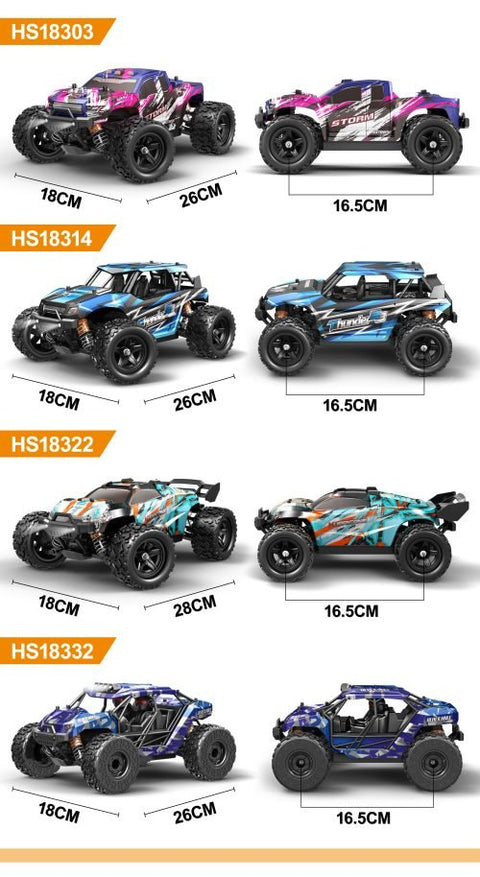 RC truck front view with purple detailing
RC truck side view showing 4WD build
All terrain tires with shock suspension
RC controller and accessories layout
Close-up of motor and battery system
RC truck in action outdoors