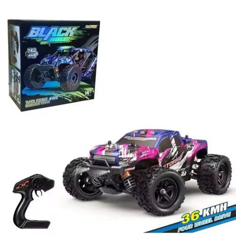 RC truck front view with purple detailing
RC truck side view showing 4WD build
All terrain tires with shock suspension
RC controller and accessories layout
Close-up of motor and battery system
RC truck in action outdoors