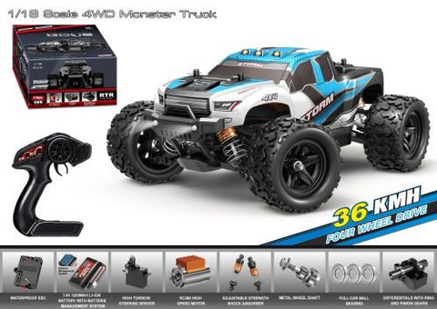 RC truck front view with purple detailing
RC truck side view showing 4WD build
All terrain tires with shock suspension
RC controller and accessories layout
Close-up of motor and battery system
RC truck in action outdoors