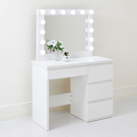 "Hollywood LED Light Mirror Dressing Table in White Finish"
"Black Vanity Dressing Table with LED Lighted Mirror"
"Spacious Drawer Storage in Hollywood Style Dressing Table"
"LED Mirror Close-up with Adjustable Brightness for Makeup"
"Modern White and Black Dressing Table Sets for Bedrooms"